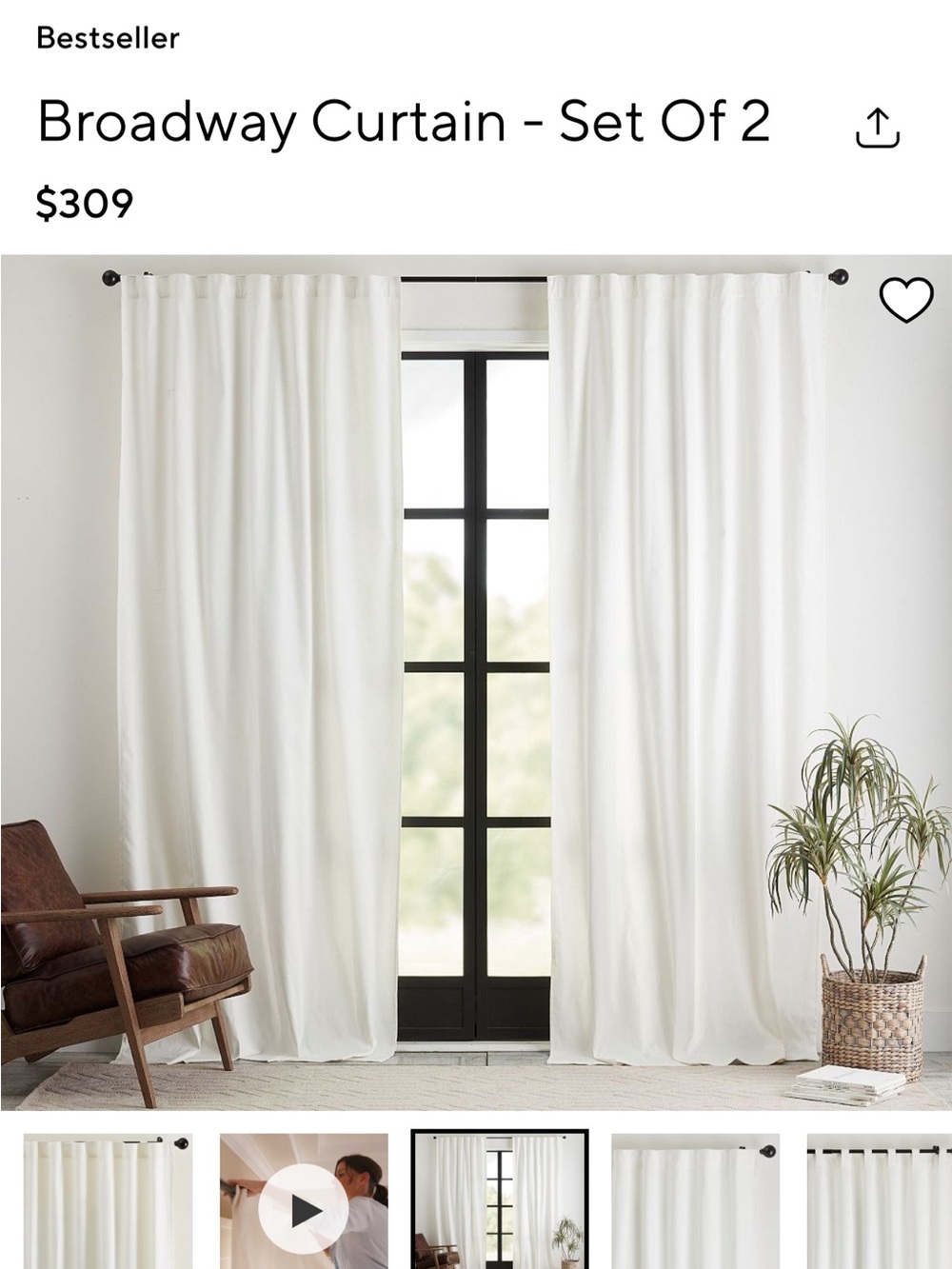 Pottery Barn White Broadway Curtain Set of 2 Blackout Lined